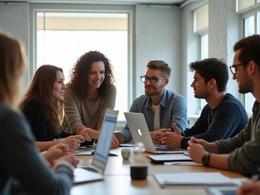 A group of diverse professionals in a creative meeting setting, representing the Miru Media Arts team.