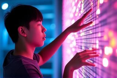 Photo of Digital Artist Hyun-woo Kim interacting with digital art.